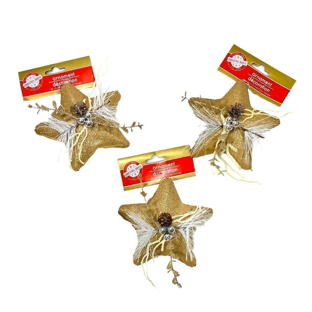 NWT Three Elegant Gold Star Christmas Holiday Ornaments Feathers and Glitter